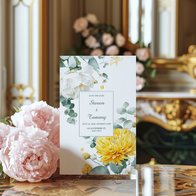 Convite Yellow Chrysanthemum White Peony Eucalyptus (Criador carregado)