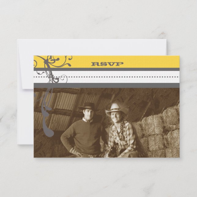 Convite Yellow & Cinza Funky Swirls Casamento Salve a Data (Frente)