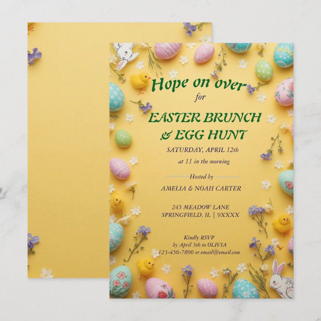 Convite Yellow colorful  Easter BRUNCH & HUNT (Frente/Verso)