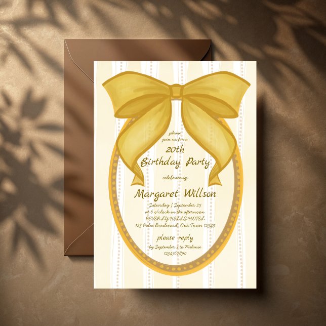 Convite Yellow coquette retro stripes bow birthday party (Yellow coquette retro stripes hand drawn preppy bow birthday party invitation cards template)