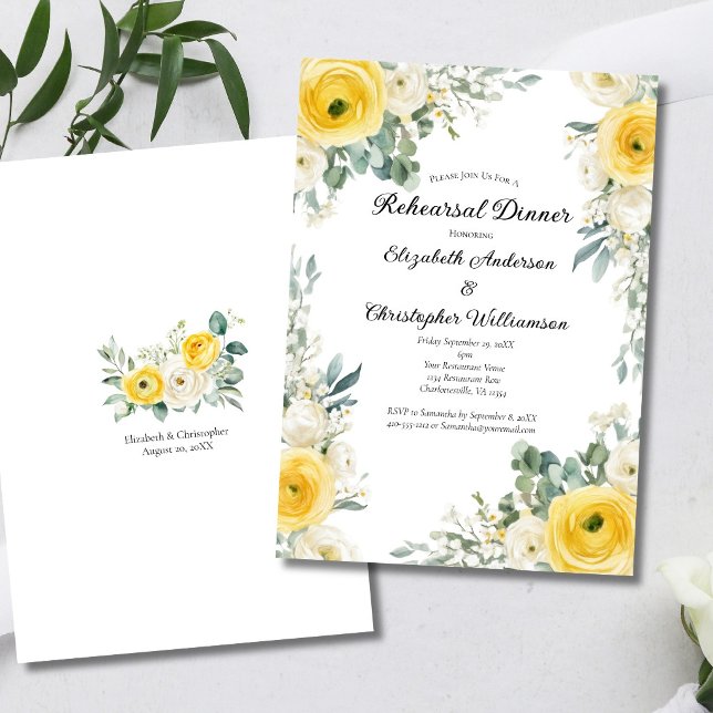 Convite Yellow Cream Watercolor Florals Rehearsal Dinner (Yellow cream Watercolor flroals elegant Wedding Rehearsal Dinner Invitation. Printed or Digital)
