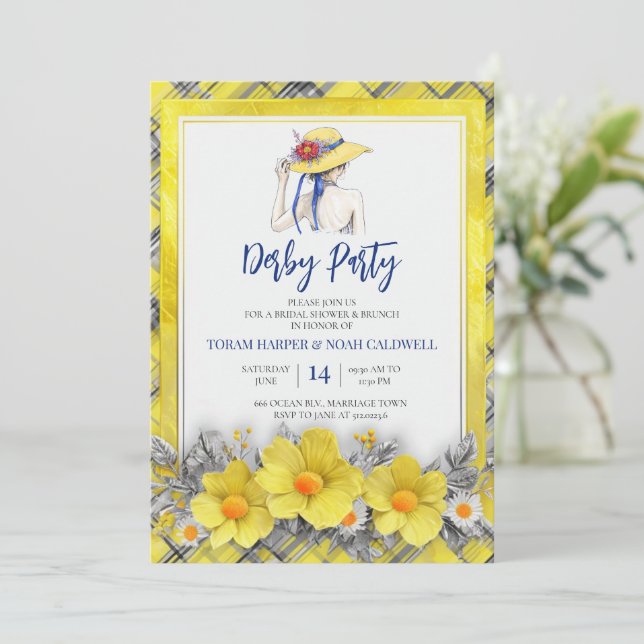 Convite Yellow Derby Party Invitation Bridal Shower Plaid  (Em pé/Frente)