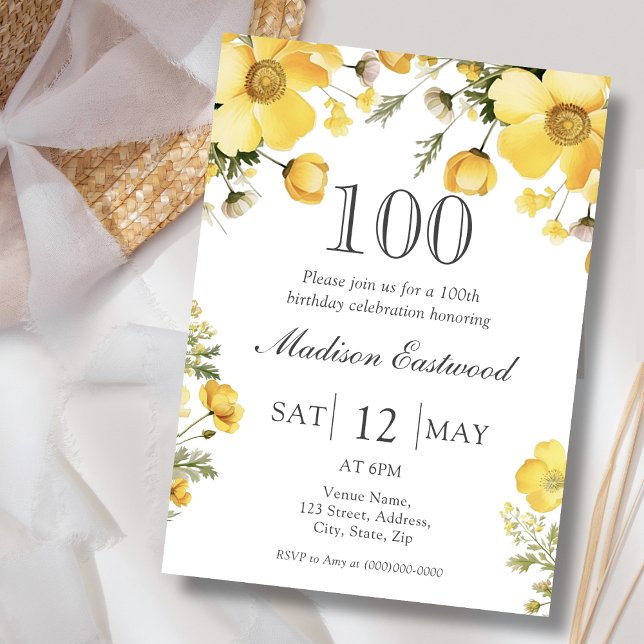 Convite Yellow Floral 100th Birthday Invitation (Criador carregado)