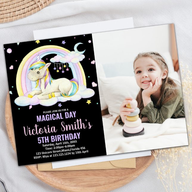 Convite Yellow Floral Black Photo Unicorn Birthday (Yellow Floral Black Photo Unicorn Birthday Invitation)