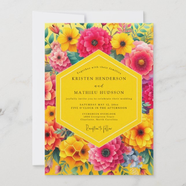 Convite Yellow Floral Bloom Romance Wedding (Frente)