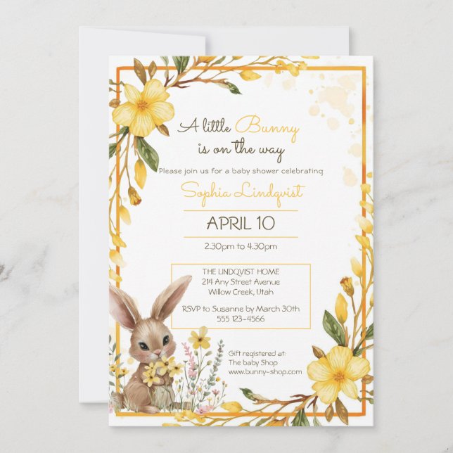 Convite Yellow Flowers Little Bunny On The Way Baby Shower (Frente)