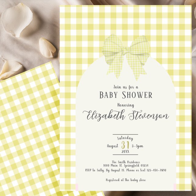Convite Yellow Gingham Bow Gender Neutral Baby Shower (Criador carregado)
