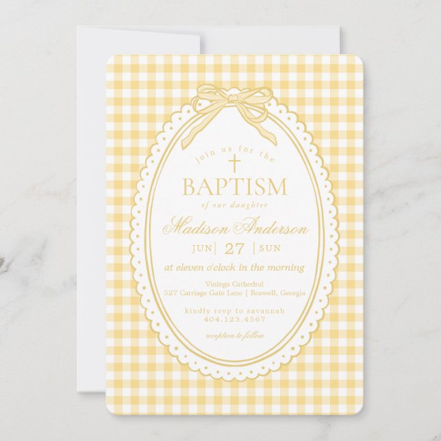 Convite Yellow Gingham Coquette Bow Baptism (Frente)