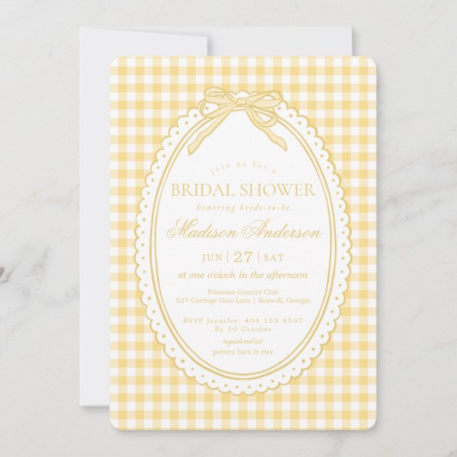 Convite Yellow Gingham Coquette Bow Bridal Shower (Frente)
