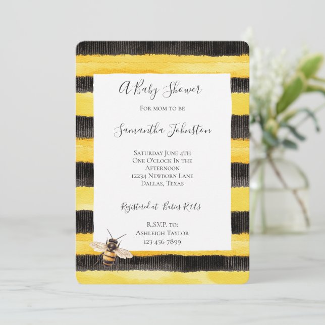 Convite Yellow Gold Black Stripes Honey Bee Baby Shower (Em pé/Frente)