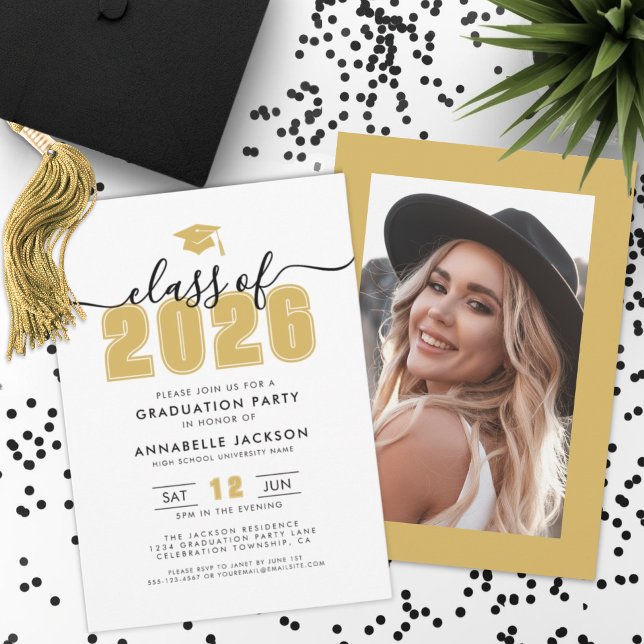 Convite Yellow Gold Photo Graduation Party (Yellow Gold Photo Graduation Party Invitation)