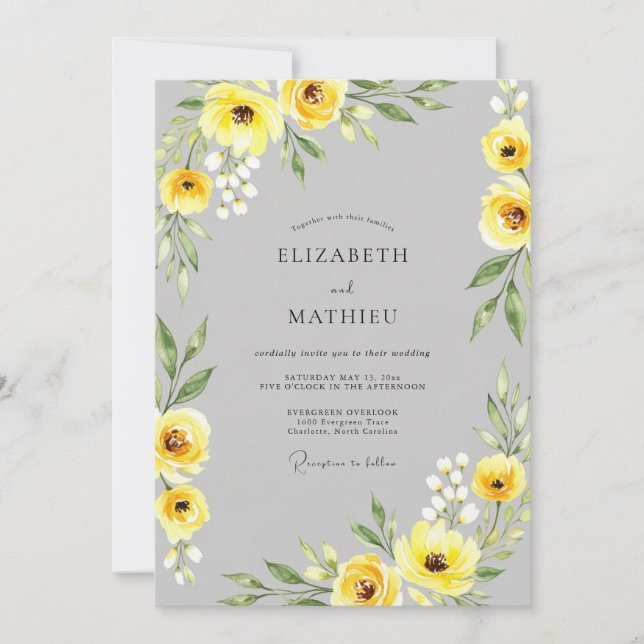 Convite Yellow Gray Sophisticated Botanical Wedding (Frente)