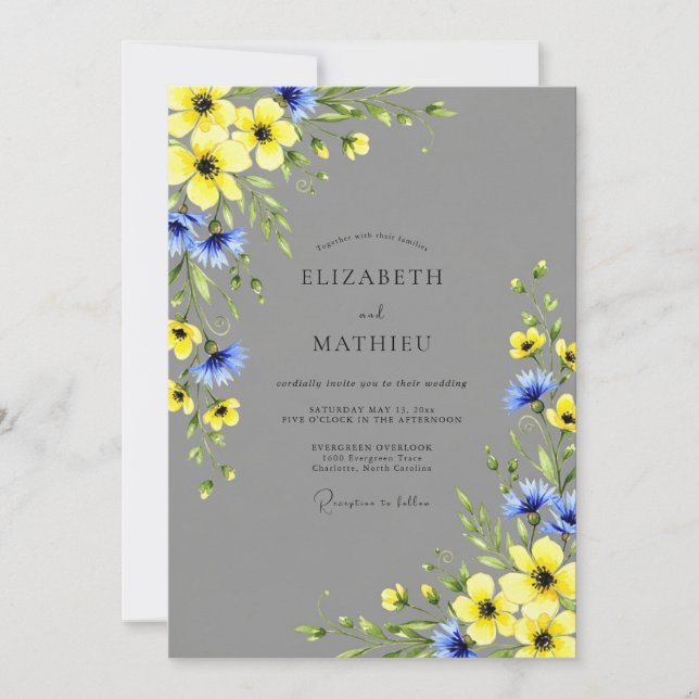 Convite Yellow Gray Vibrant Meadow Wedding (Frente)