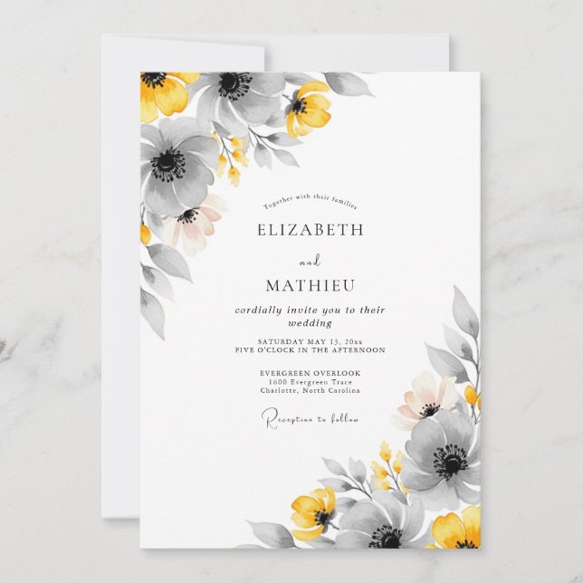 Convite Yellow Gray Vivid Botanical Wedding (Frente)