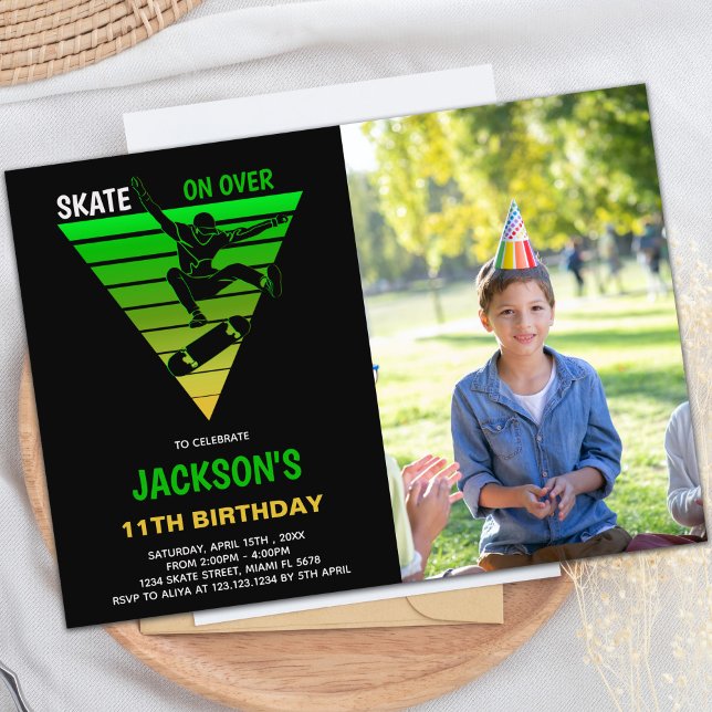 Convite Yellow Green Skateboards Birthday Invitations phot (Yellow Green Skateboards Birthday Invitations phot)