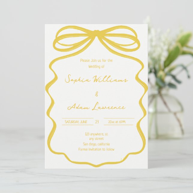 Convite Yellow Hand Written Pinstripes Whimsical Wedding (Em pé/Frente)