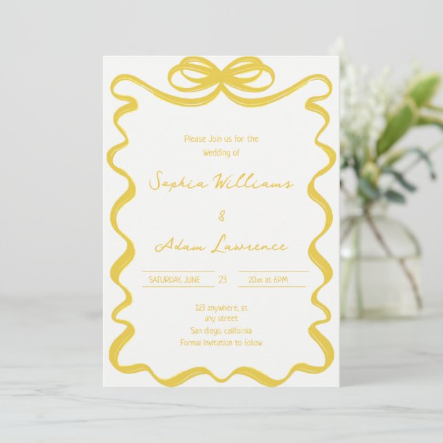 Convite Yellow Hand Written Pinstripes Whimsical Wedding (Em pé/Frente)