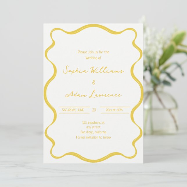 Convite Yellow Hand Written Pinstripes Whimsical Wedding (Em pé/Frente)