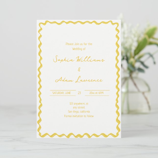 Convite Yellow Hand Written Pinstripes Whimsical Wedding (Em pé/Frente)