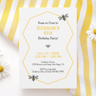 Convite Yellow Honeycomb Bee Day Simple 4th Birthday Party