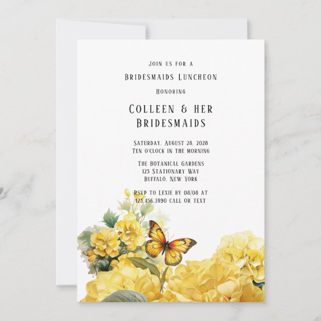 Convite Yellow Hydrangea Butterfly Bridesmaids Luncheia (Frente)