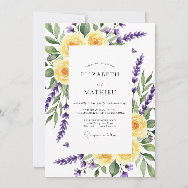 Convite Yellow Lavender Floral Romance Wedding (Frente)
