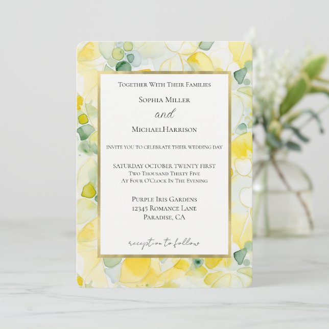 Convite Yellow Lemon Abstract Wedding (Em pé/Frente)