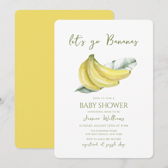 Convite Yellow Let's Go Bananas Leaves Baby Shower (Frente/Verso)