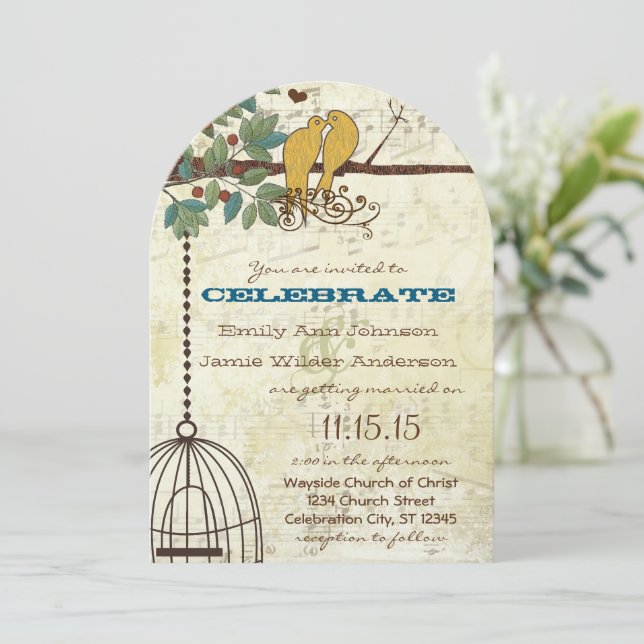 Convite Yellow Love Birds Sitting In a Tree Wedding Invite (Em pé/Frente)