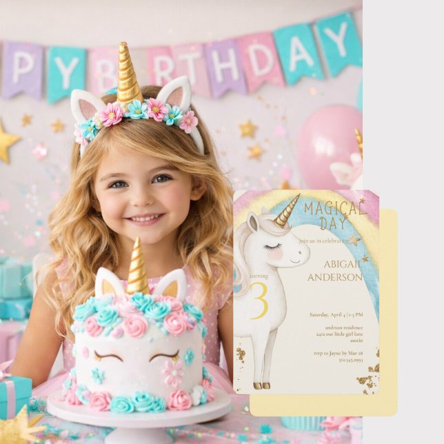 Convite Yellow Magical Day Unicorn Girl Birthday Party (Criador carregado)