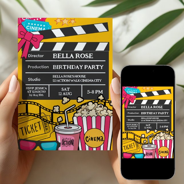 Convite Yellow Movie Night Birthday Party For Girls (Criador carregado)