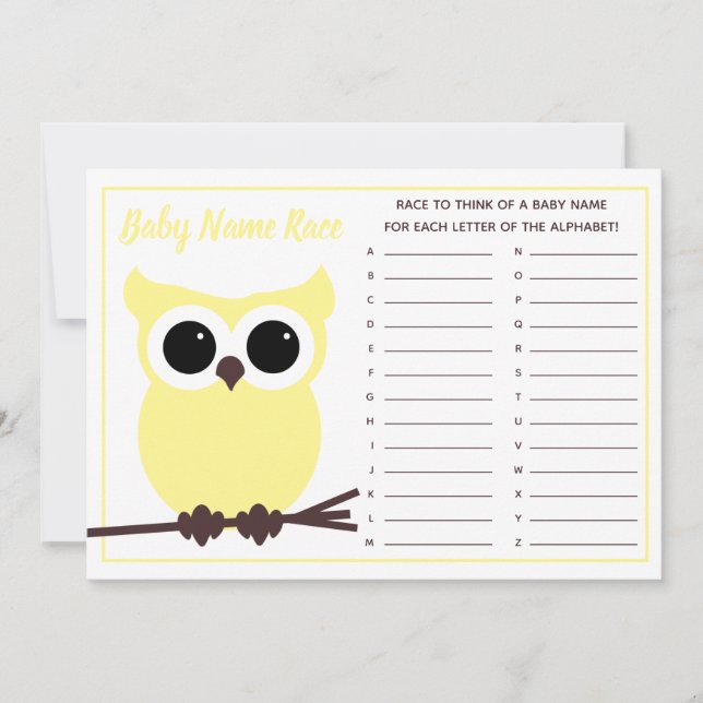 Convite Yellow Owl Baby Name Race Chá de fraldas Game Conv (Frente)