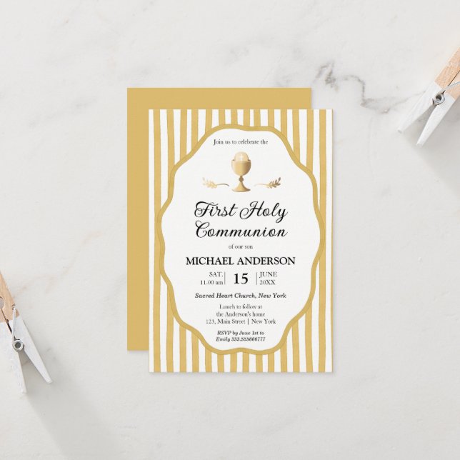 Convite yellow pin striped Communion Invitation (Frente/Verso In Situ)