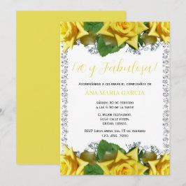 Convite Yellow Roses & Diamonds 40th Birthday Spanish