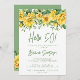 Convite Yellow Sage Green Floral 50th Birthday Party