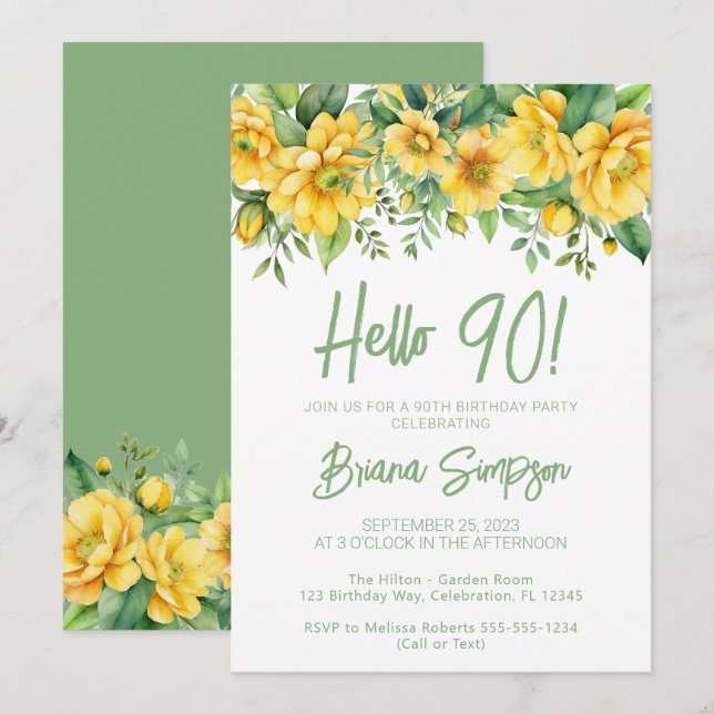 Convite Yellow Sage Green Floral 90th Birthday Party (Frente/Verso)
