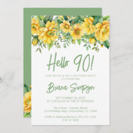 Convite Yellow Sage Green Floral 90th Birthday Party