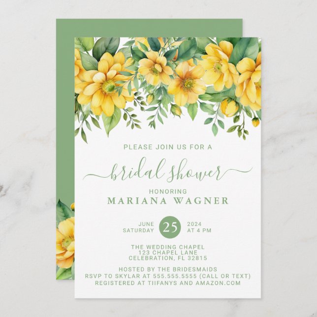 Convite Yellow Sage Green Floral Bridal Shower (Frente/Verso)