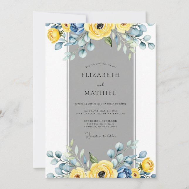 Convite Yellow Slate Gray Elegant Spring Wedding (Frente)