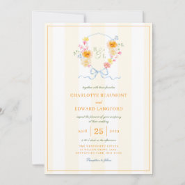 Convite Yellow Stripe Floral Crest Spring Monogram Wedding
