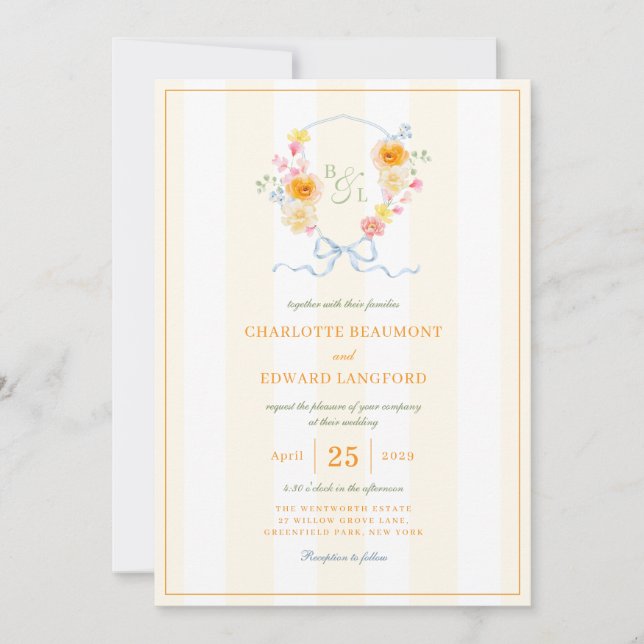 Convite Yellow Stripe Floral Crest Spring Monogram Wedding (Frente)