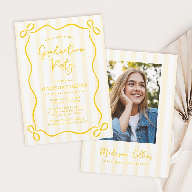 Convite Yellow Stripes Bow Frame Graduation Party Photo (Criador carregado)