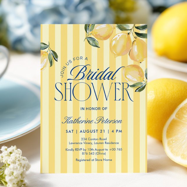 Convite Yellow Stripes Lemon Bridal Shower Invitation (Criador carregado)