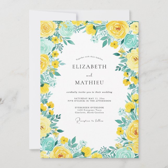 Convite Yellow Teal Bright Spring Wedding (Frente)