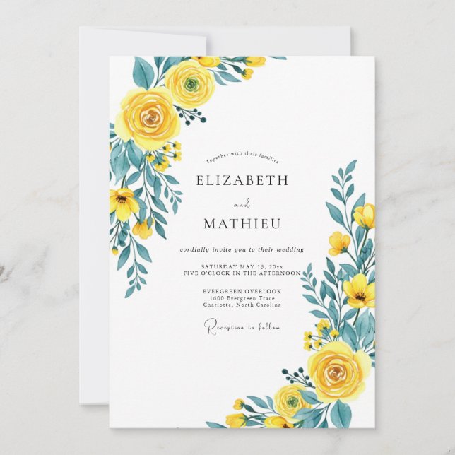 Convite Yellow Teal Flourishing Spring Wedding (Frente)