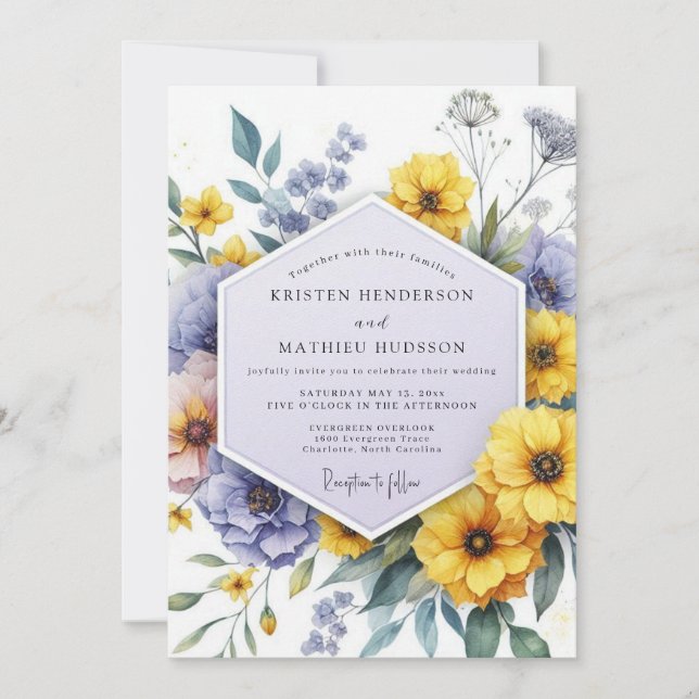 Convite Yellow Violet Botanical Whimsy Wedding (Frente)
