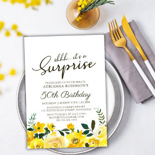 Convite Yellow Watercolor Floral Surprise 50th Birthday