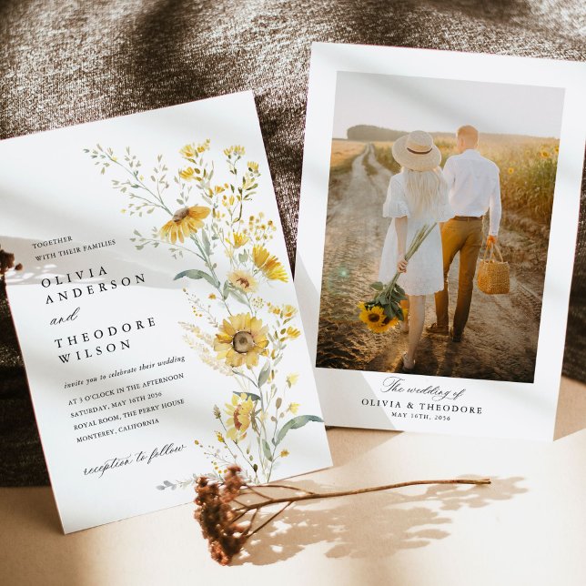 Convite Yellow Wildflower Sunflower Photo Wedding (Yellow sunflower wildflower photo wedding invitation watercolor floral rustic garden wedding)