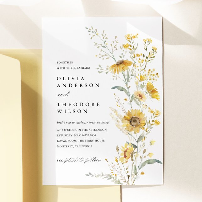 Convite Yellow Wildflower Sunflower Wedding (Yellow sunflower wildflower wedding invitation watercolor floral garden elegant wedding stationery)