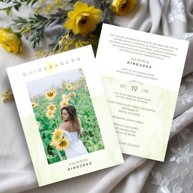 Convite Yelow Marble Effect Romantic Photo Quinceañerank (Spanish Yellow Marble Effect Romantic Photo Quinceañera Invitation Card.)